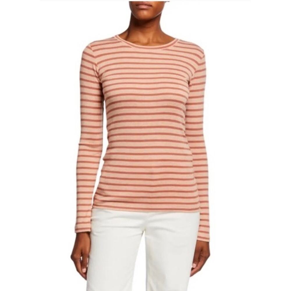 NWT Vince Tan & Brown Striped Long Sleeve Top Women Cotton Modal Blend Sz L